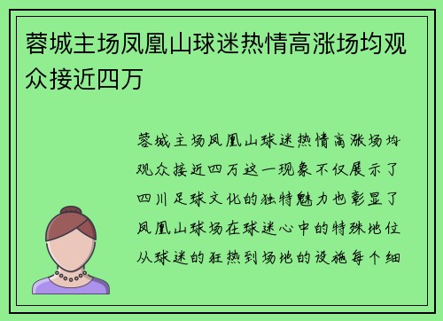 蓉城主场凤凰山球迷热情高涨场均观众接近四万 蓉城主场凤凰山球迷热情高涨场均观众接近四万