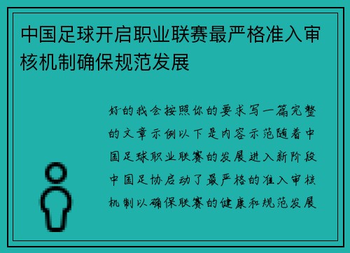 中国足球开启职业联赛最严格准入审核机制确保规范发展 中国足球开启职业联赛最严格准入审核机制确保规范发展