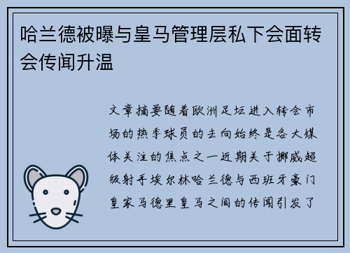 哈兰德被曝与皇马管理层私下会面转会传闻升温
